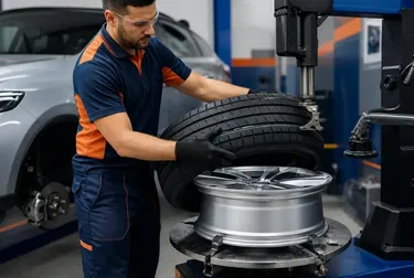 Profissional realizando a troca de pneus de um carro.
