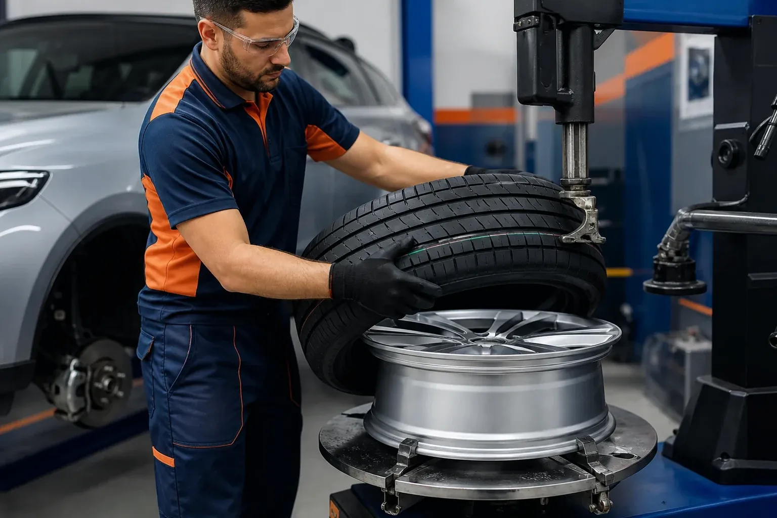 Profissional realizando a troca de pneus de um carro.