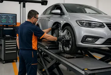 Técnico ajustando o alinhamento das rodas de um carro.