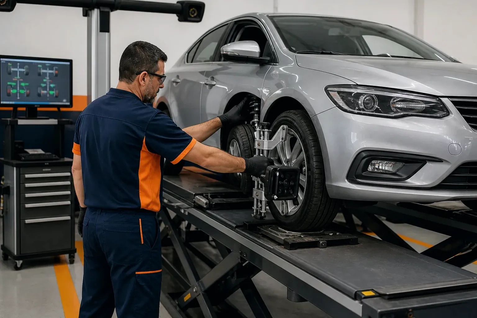 Técnico ajustando o alinhamento das rodas de um carro.