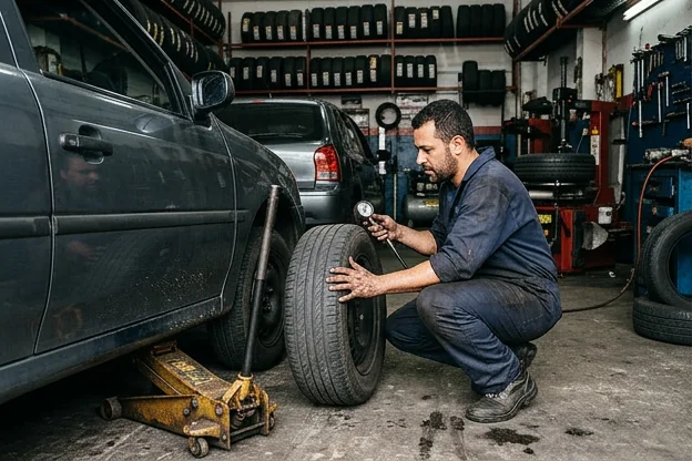 Técnico inspecionando os pneus de um veículo para manutenção.