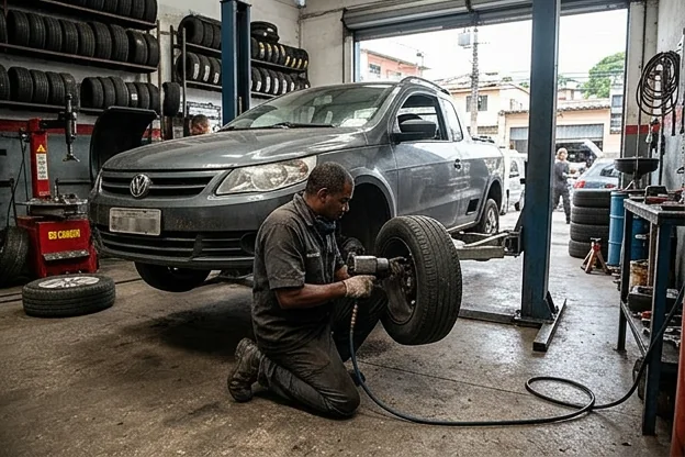 Técnico realizando rodízio de pneus em um carro.