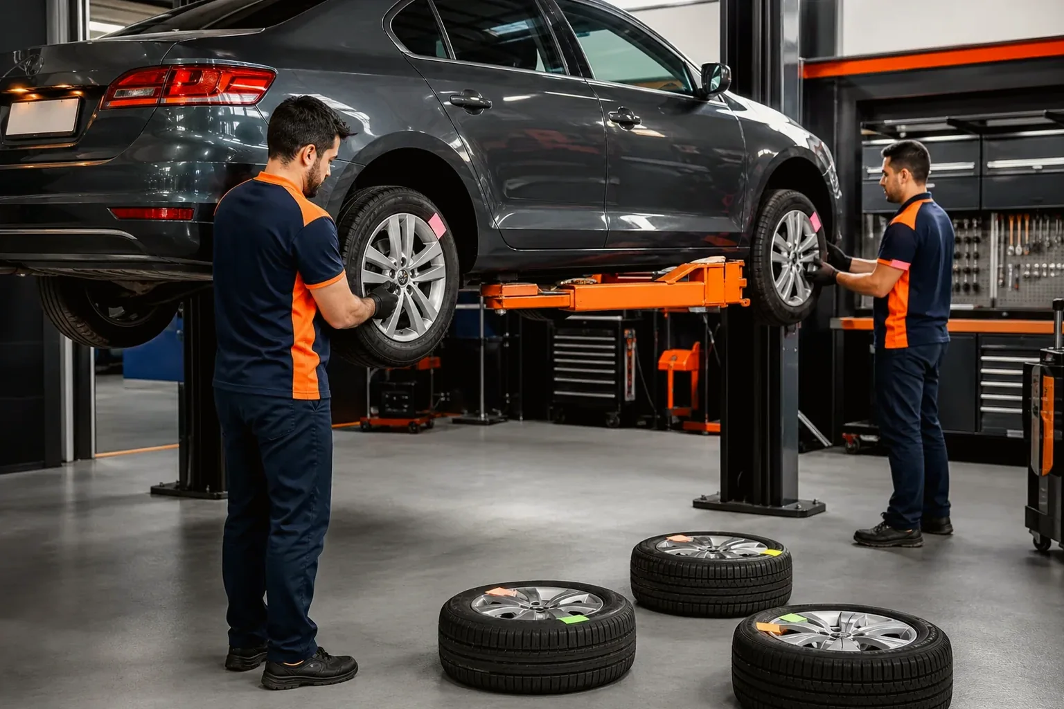 Técnico realizando rodízio de pneus em um veículo.