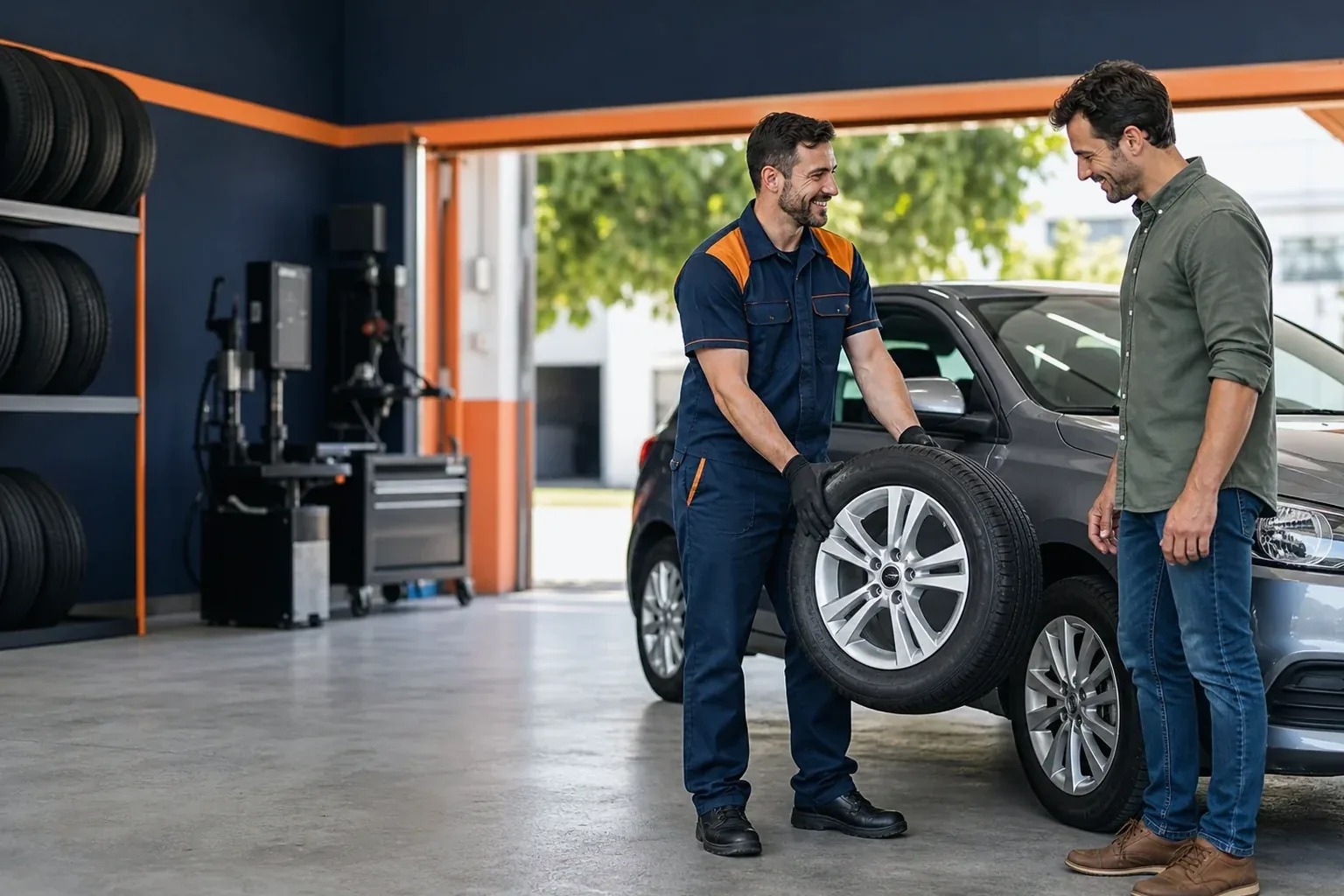 Técnico trabalhando na borracharia, realizando atendimento a um veículo.